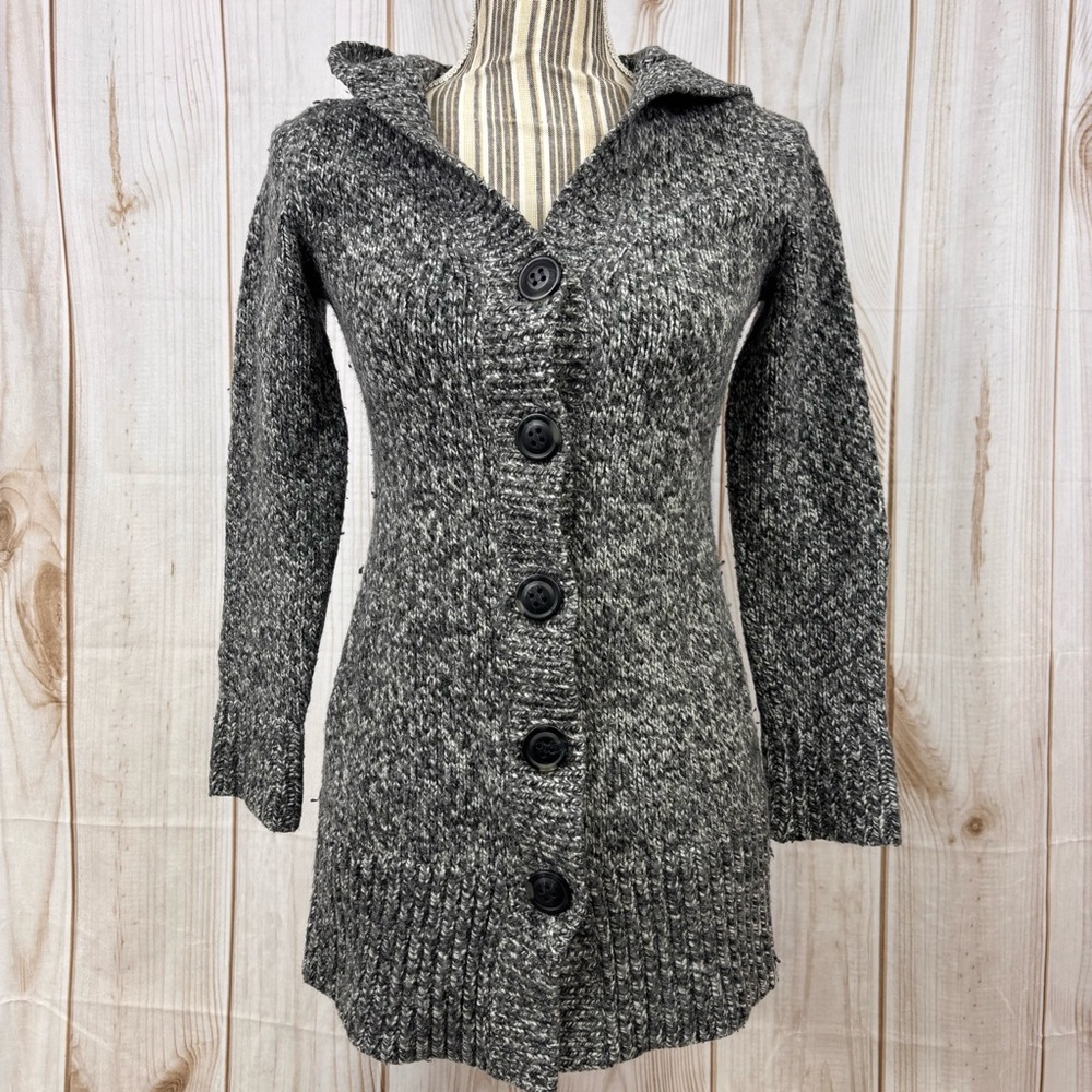 Express Cardigan Hooded Button Up Wool Blend Chic Sweater Charcoal Size Small